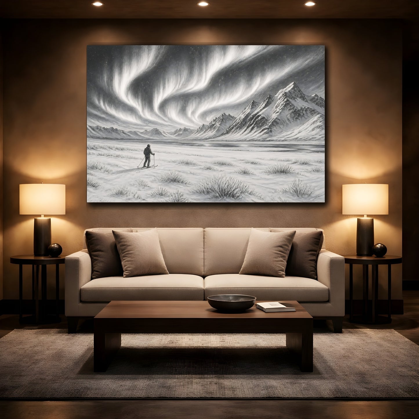 Mockup 2. Nature Northern Lights Black And White shown as stretched canvas wall art