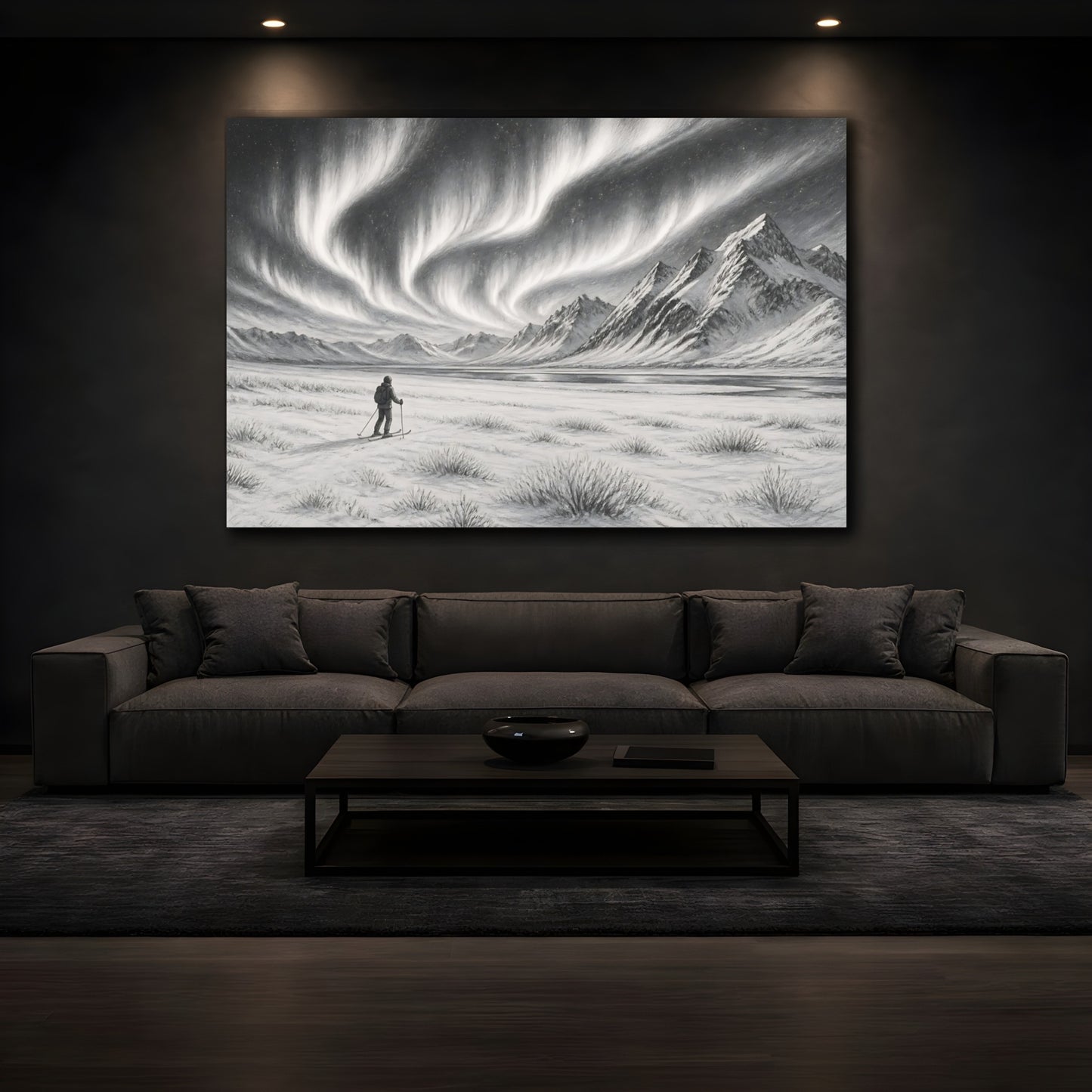 Mockup 3. Nature Northern Lights Black And White shown as stretched canvas wall art