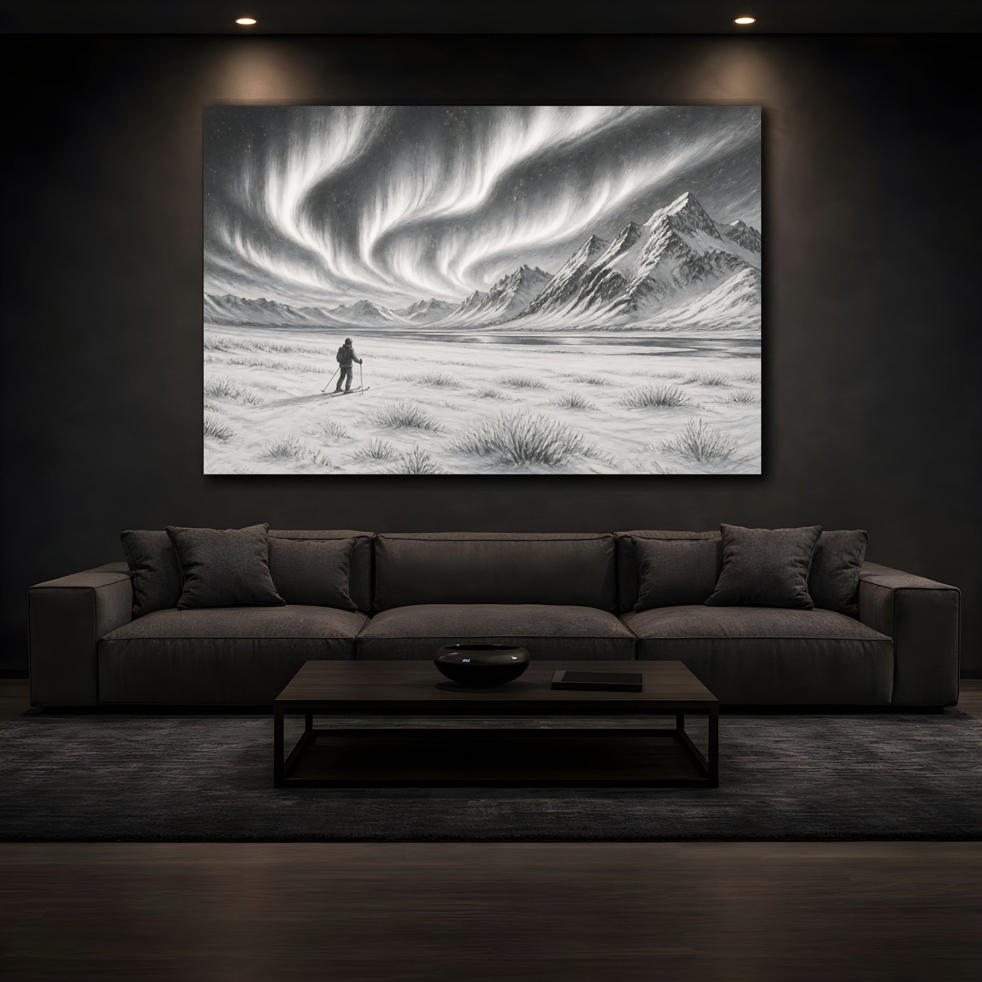 Mockup 3. Nature Northern Lights Black And White shown as stretched canvas wall art