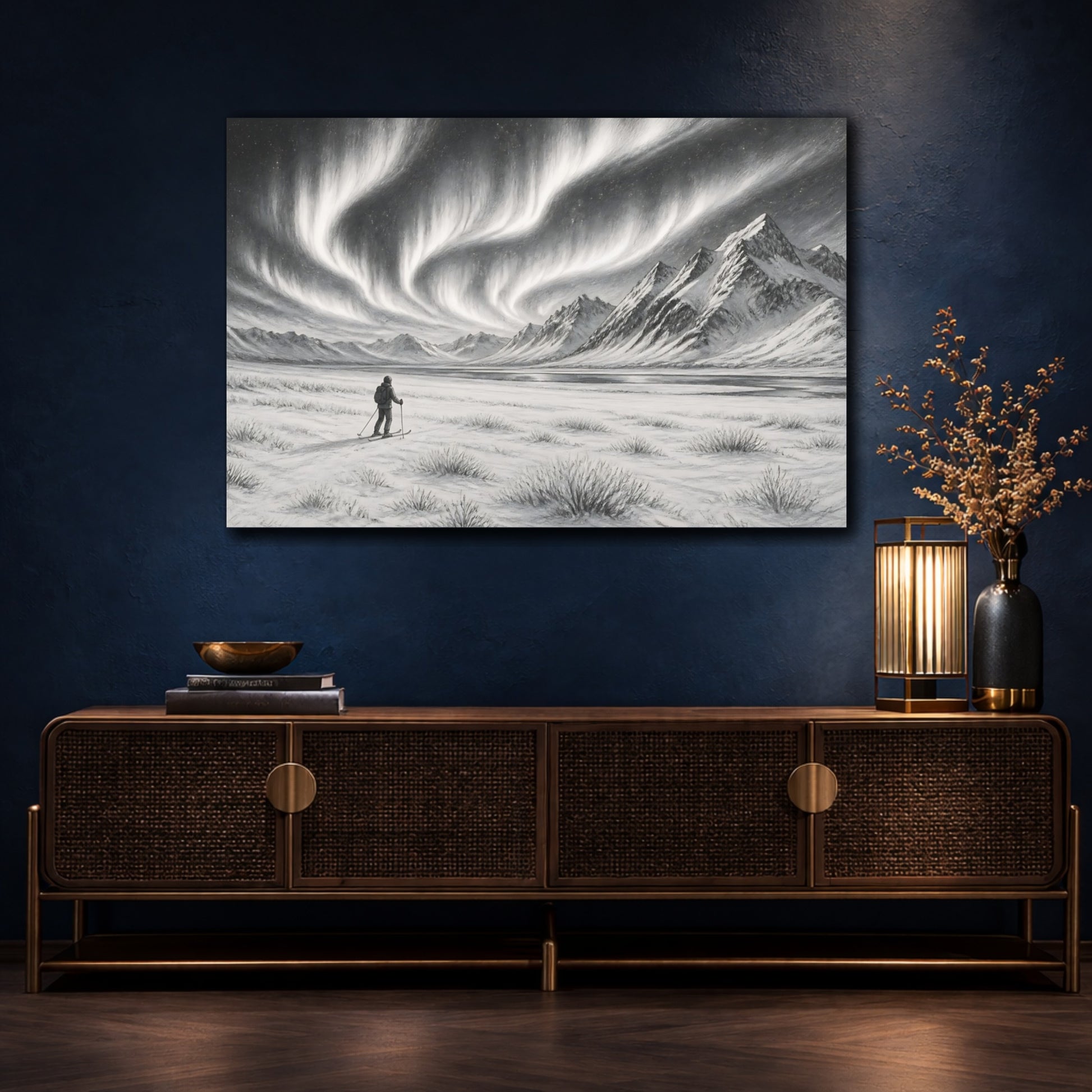Mockup 4. Nature Northern Lights Black And White shown as stretched canvas wall art
