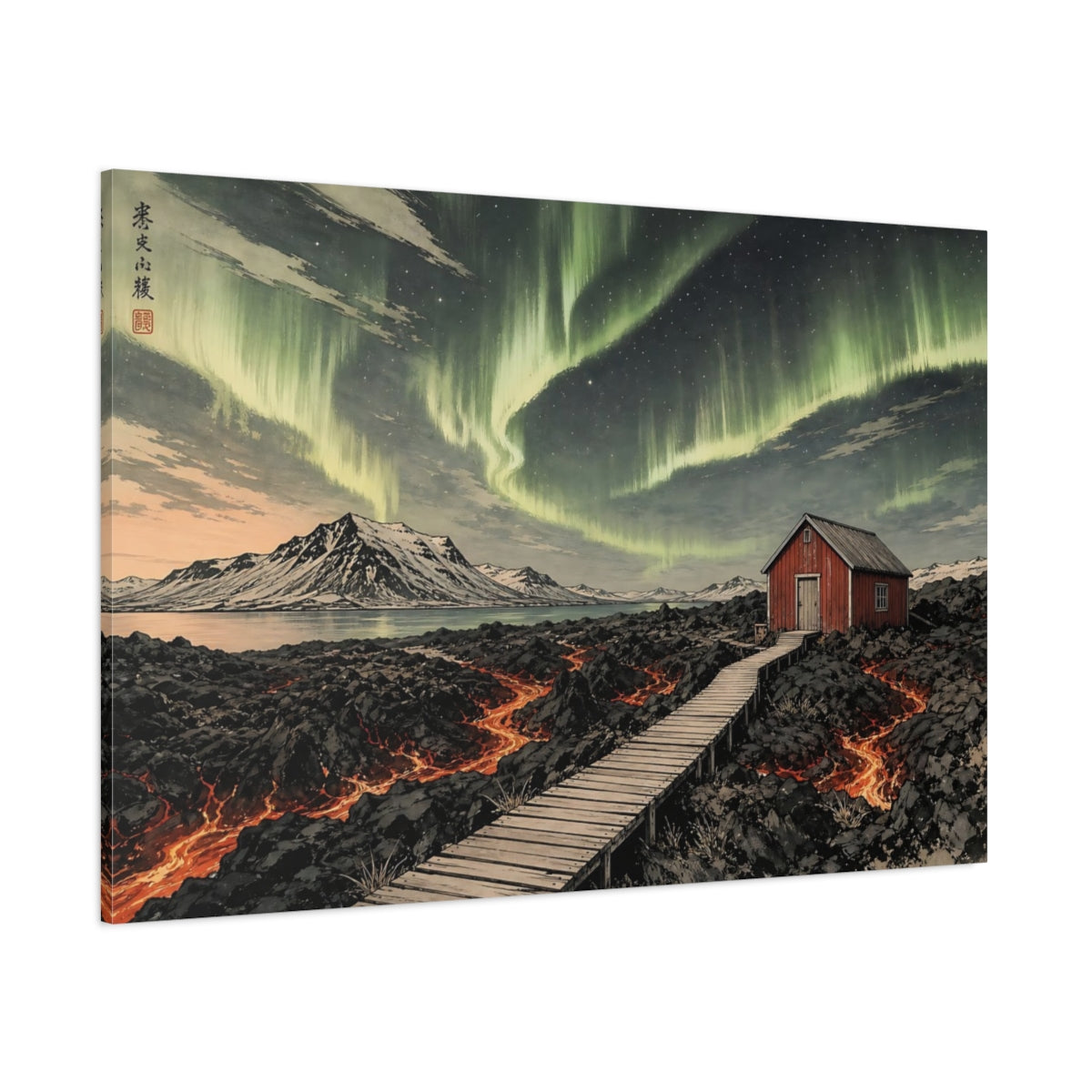 Side Mockup 1. Nature Northern Lights Green Aurora Landscape shown as stretched canvas wall art