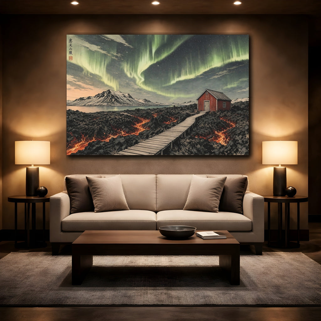 Mockup 2. Nature Northern Lights Green Aurora Landscape shown as stretched canvas wall art
