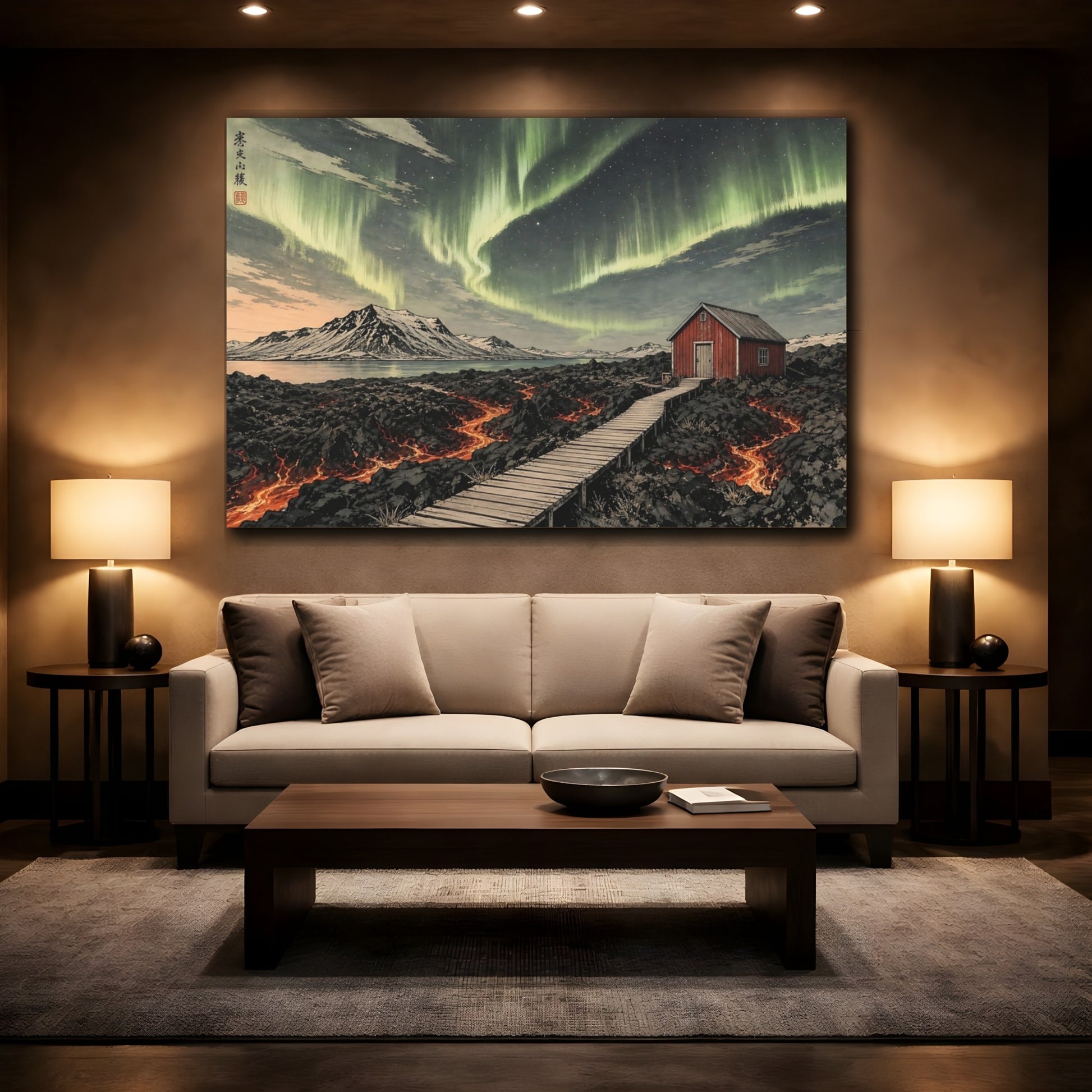 Mockup 2. Nature Northern Lights Green Aurora Landscape shown as stretched canvas wall art