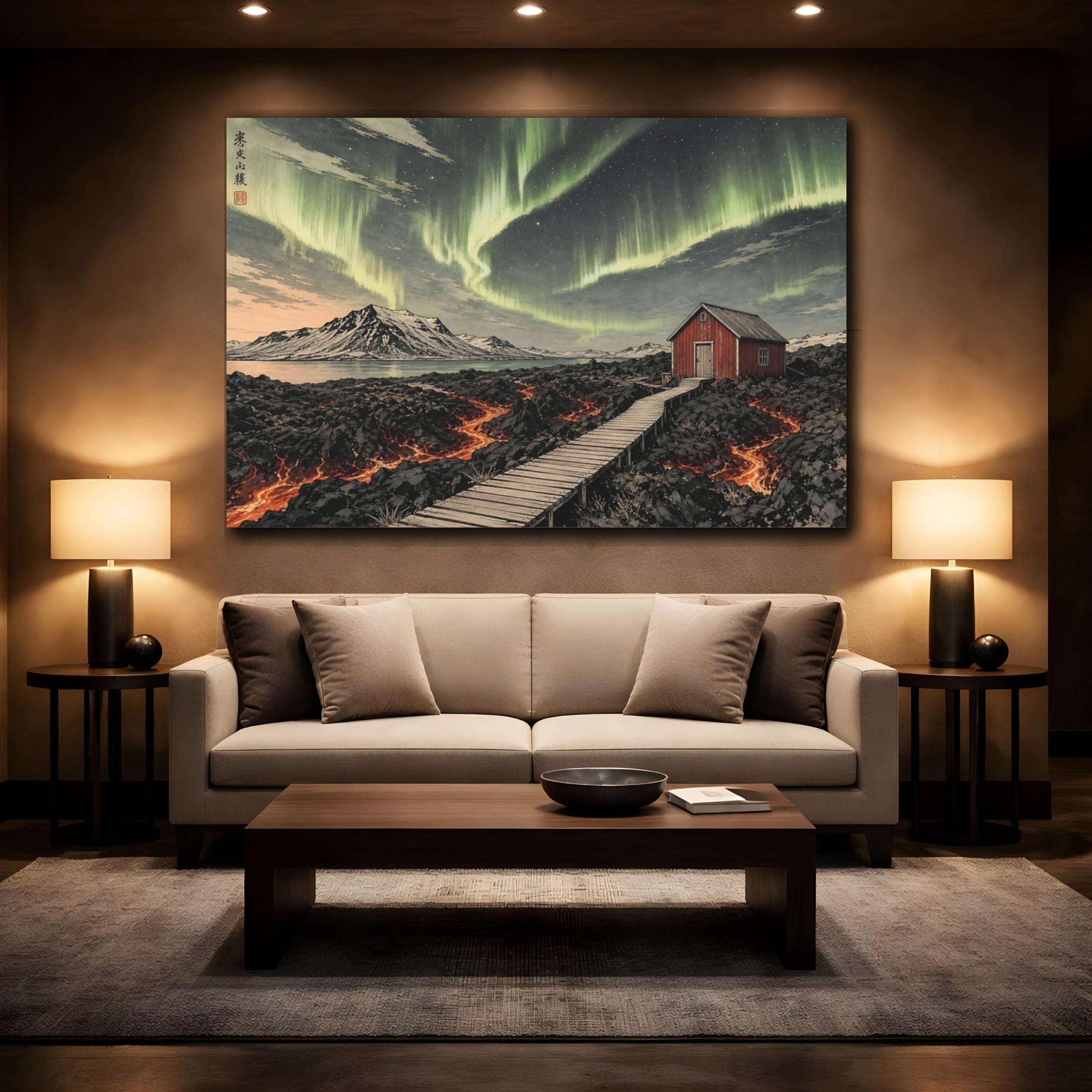 Mockup 2. Nature Northern Lights Green Aurora Landscape shown as stretched canvas wall art