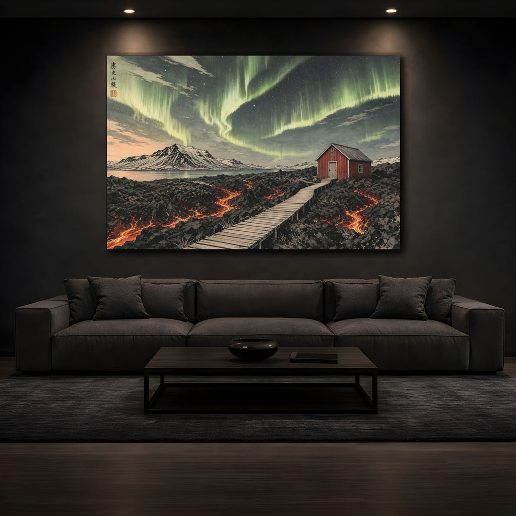 Mockup 3. Nature Northern Lights Green Aurora Landscape shown as stretched canvas wall art