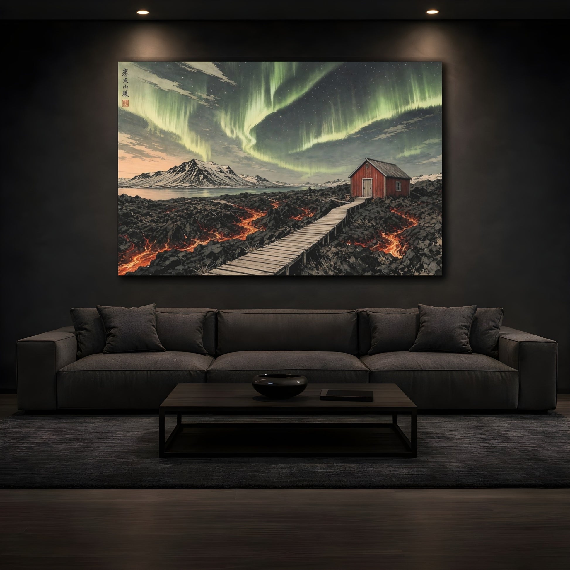Mockup 3. Nature Northern Lights Green Aurora Landscape shown as stretched canvas wall art