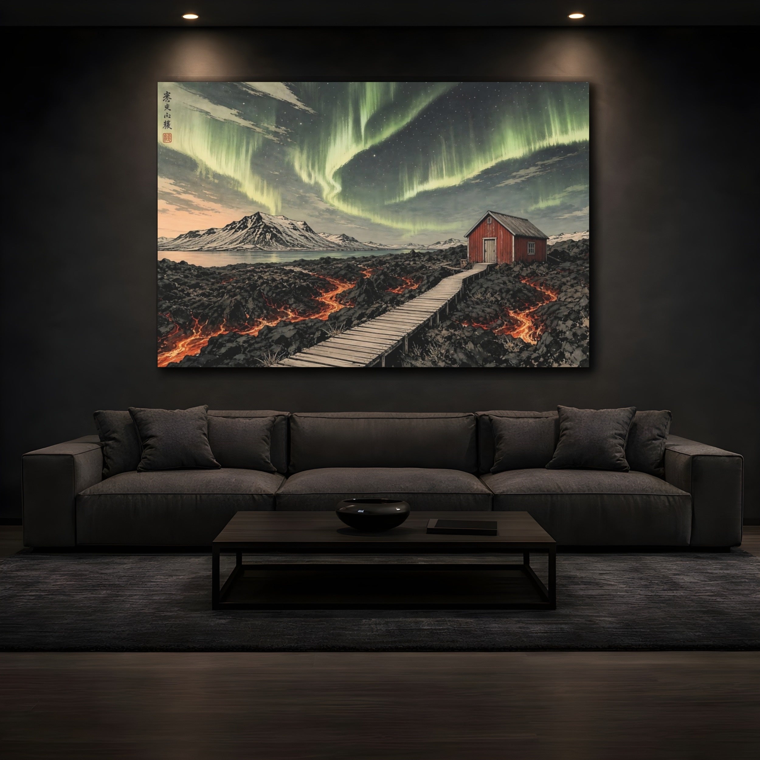 Mockup 3. Nature Northern Lights Green Aurora Landscape shown as stretched canvas wall art