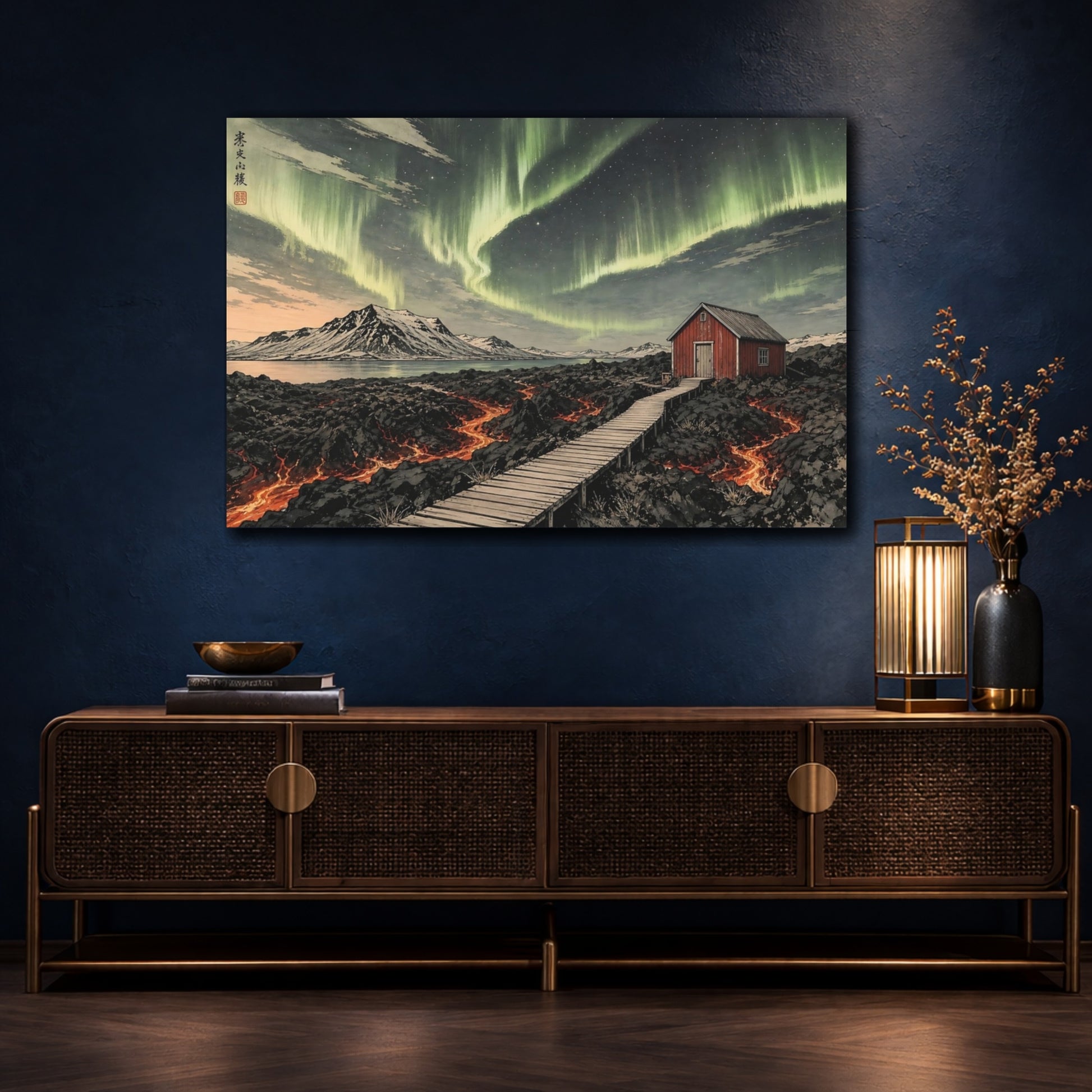Mockup 4. Nature Northern Lights Green Aurora Landscape shown as stretched canvas wall art