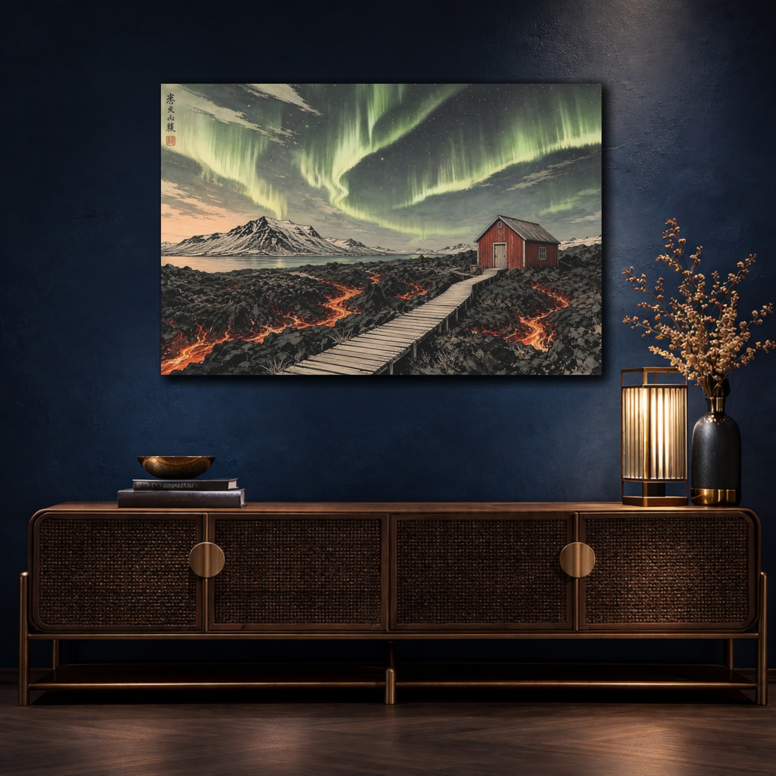 Mockup 4. Nature Northern Lights Green Aurora Landscape shown as stretched canvas wall art