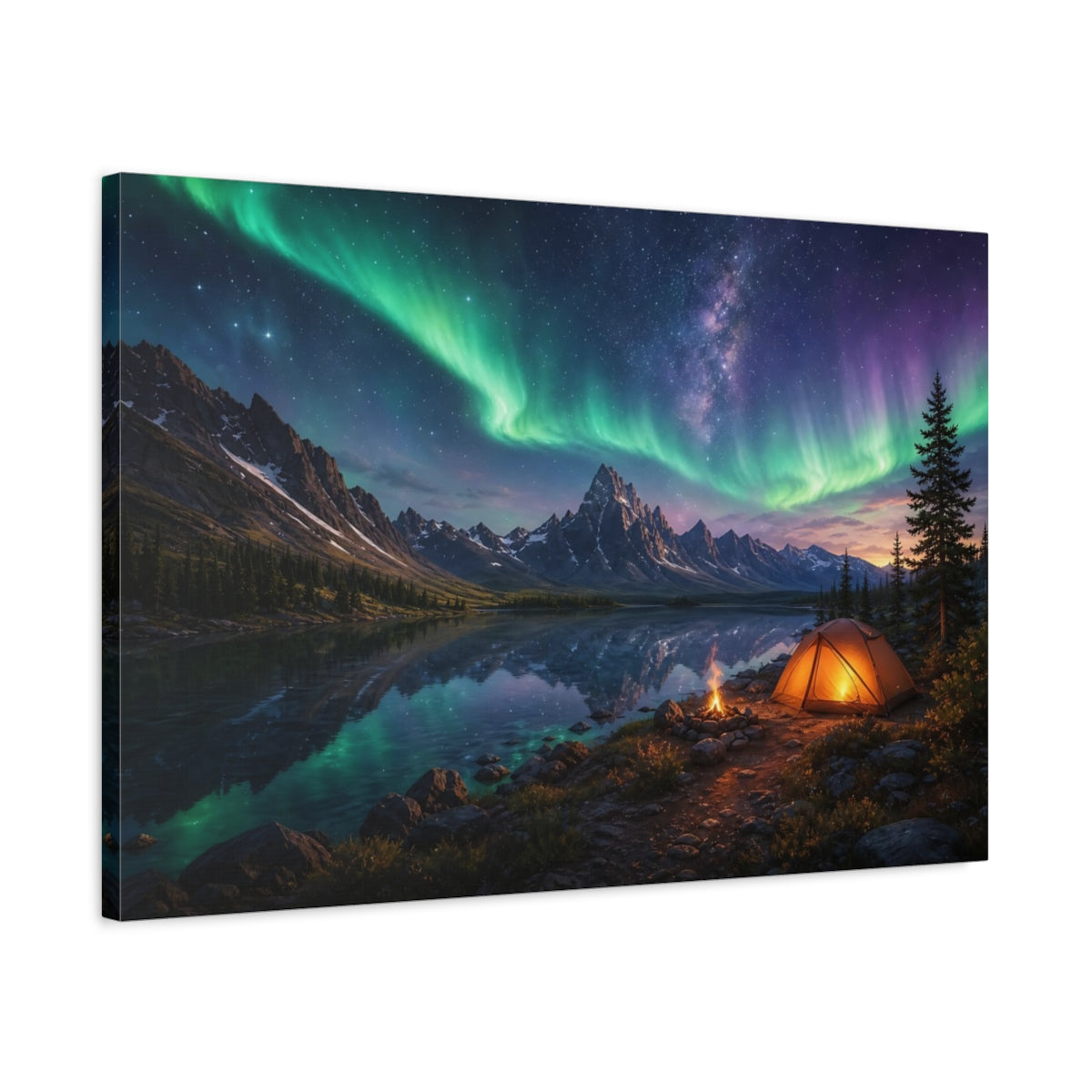 Side Mockup 2. Nature Northern Lights Green Aurora Night shown as stretched canvas wall art