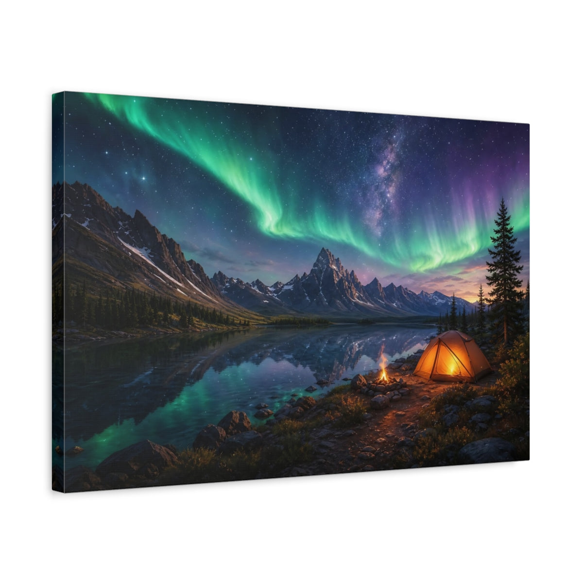 Side Mockup 3. Nature Northern Lights Green Aurora Night shown as stretched canvas wall art