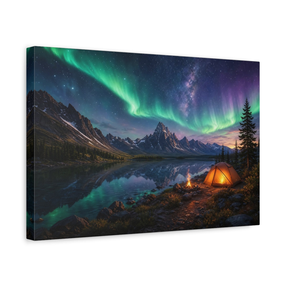 Side Mockup 4. Nature Northern Lights Green Aurora Night shown as stretched canvas wall art