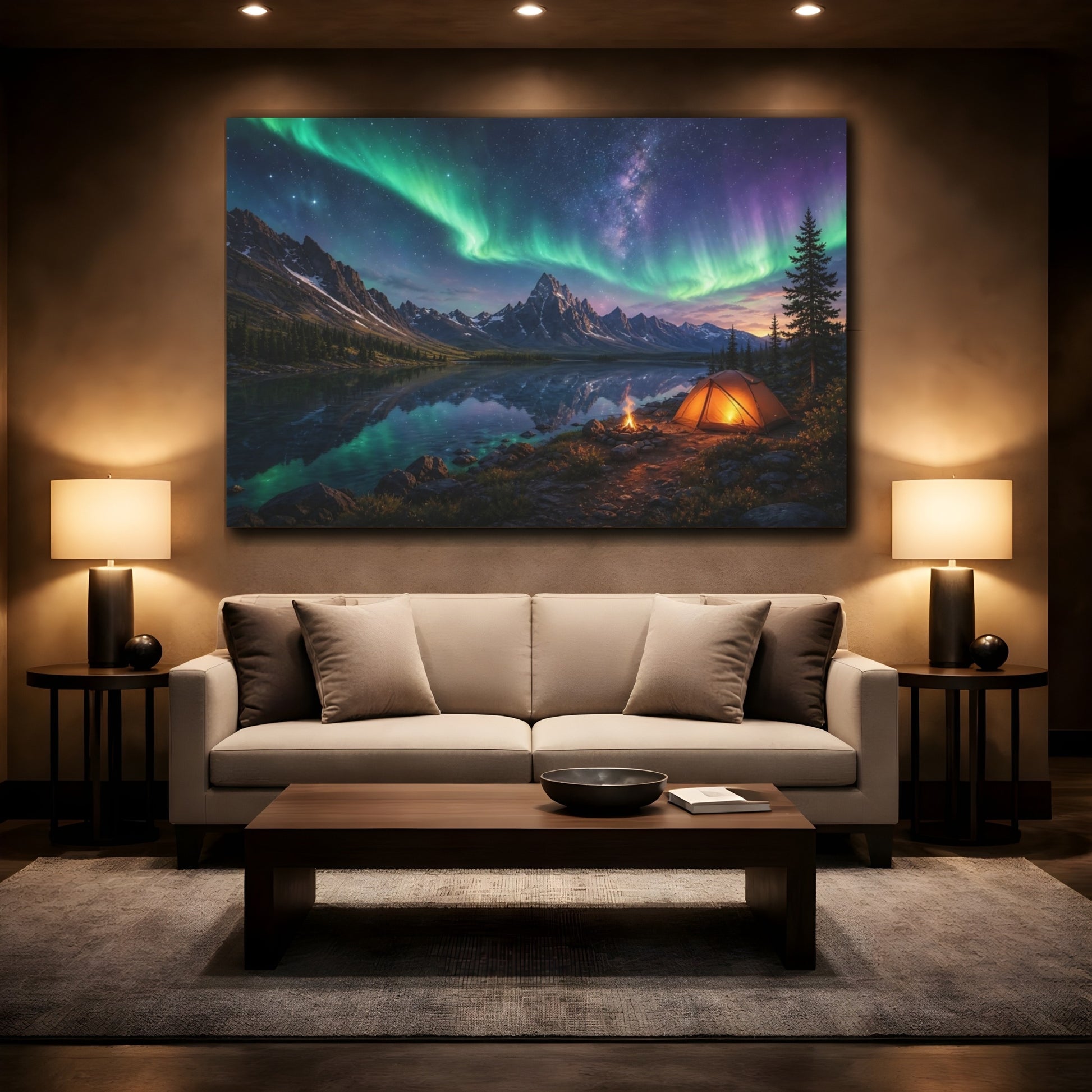 Mockup 2. Nature Northern Lights Green Aurora Night shown as stretched canvas wall art