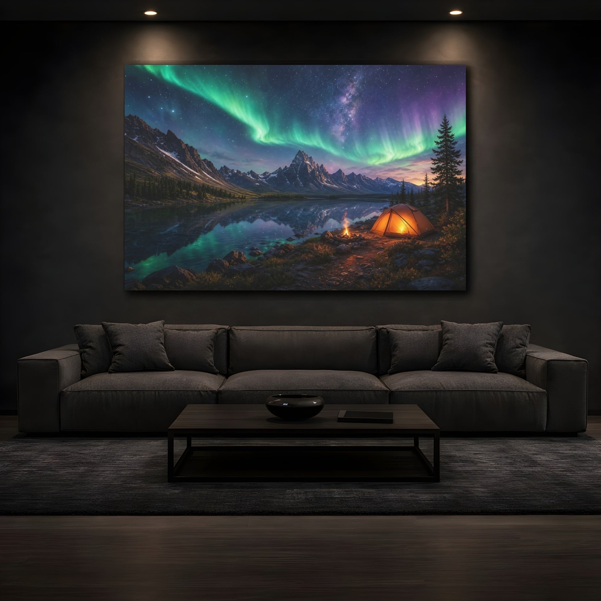 Mockup 3. Nature Northern Lights Green Aurora Night shown as stretched canvas wall art