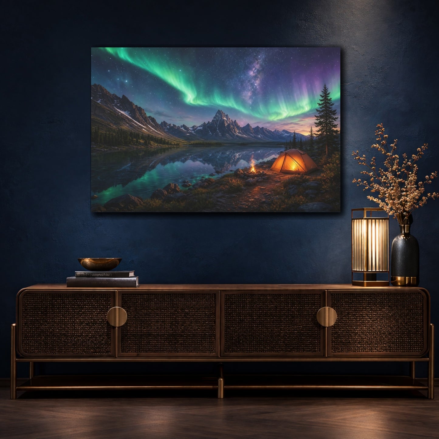 Mockup 4. Nature Northern Lights Green Aurora Night shown as stretched canvas wall art