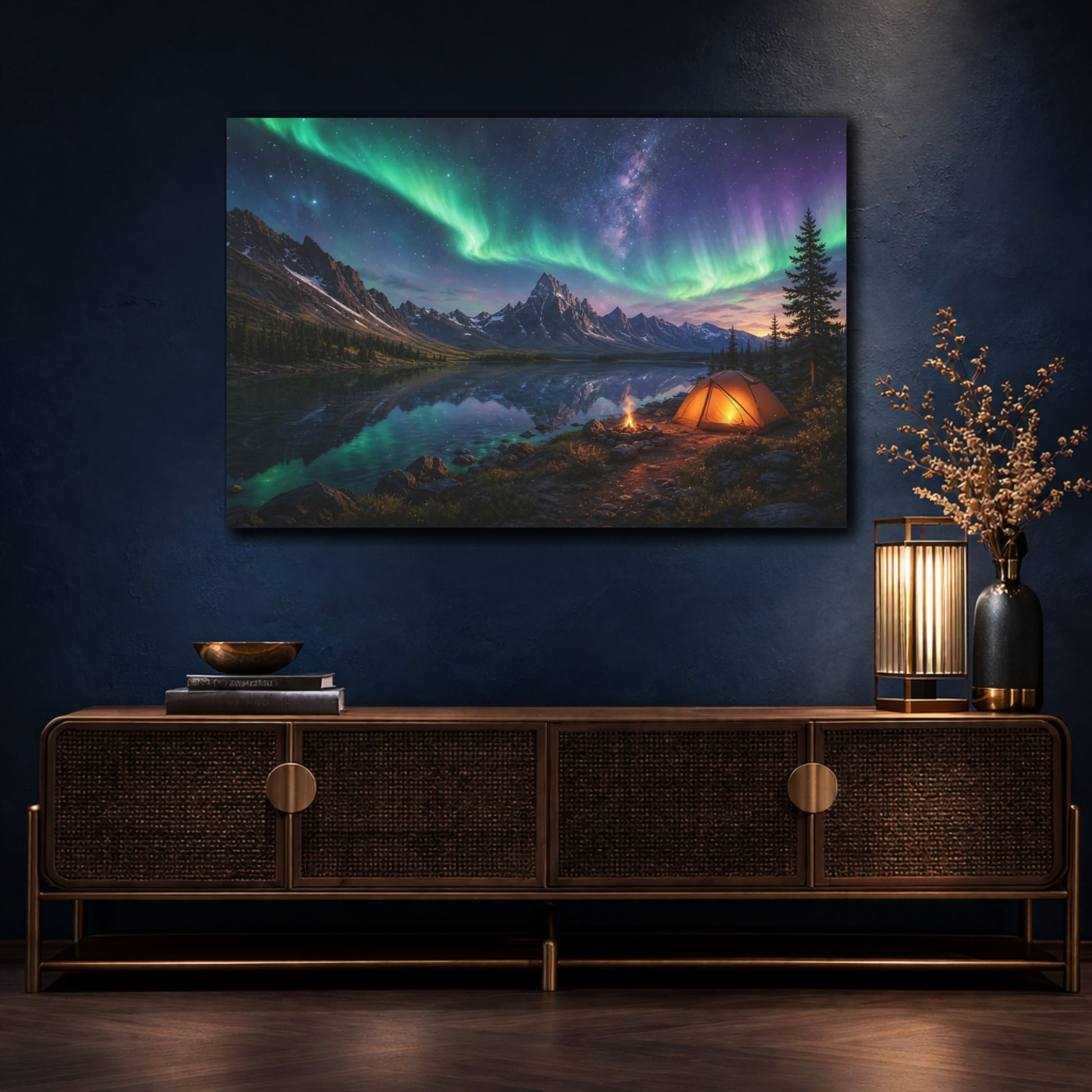 Mockup 4. Nature Northern Lights Green Aurora Night shown as stretched canvas wall art