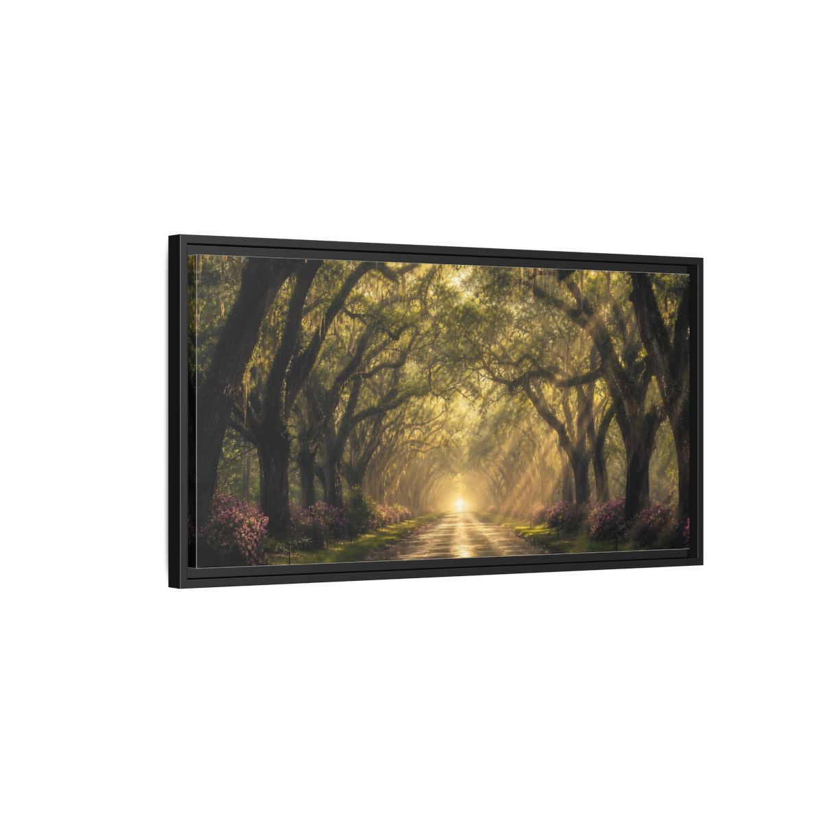 Side Mockup 2. Nature Oak Trees Green And Gold Path shown as stretched canvas wall art