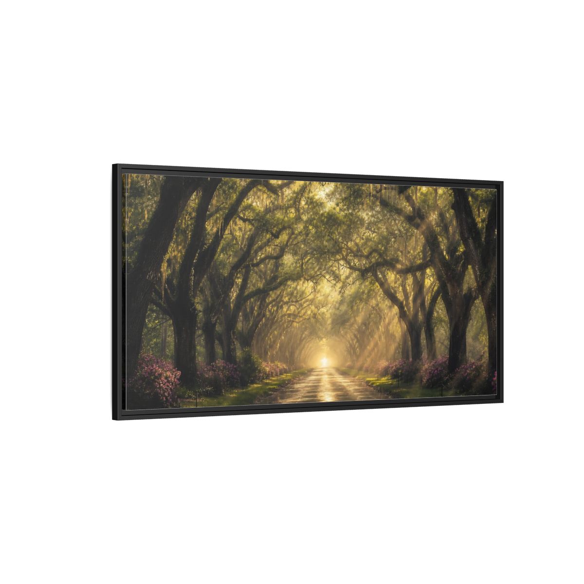 Side Mockup 5. Nature Oak Trees Green And Gold Path shown as stretched canvas wall art