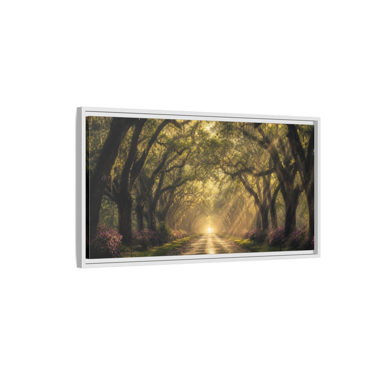Side Mockup 1. Nature Oak Trees Green And Gold Path shown as stretched canvas wall art