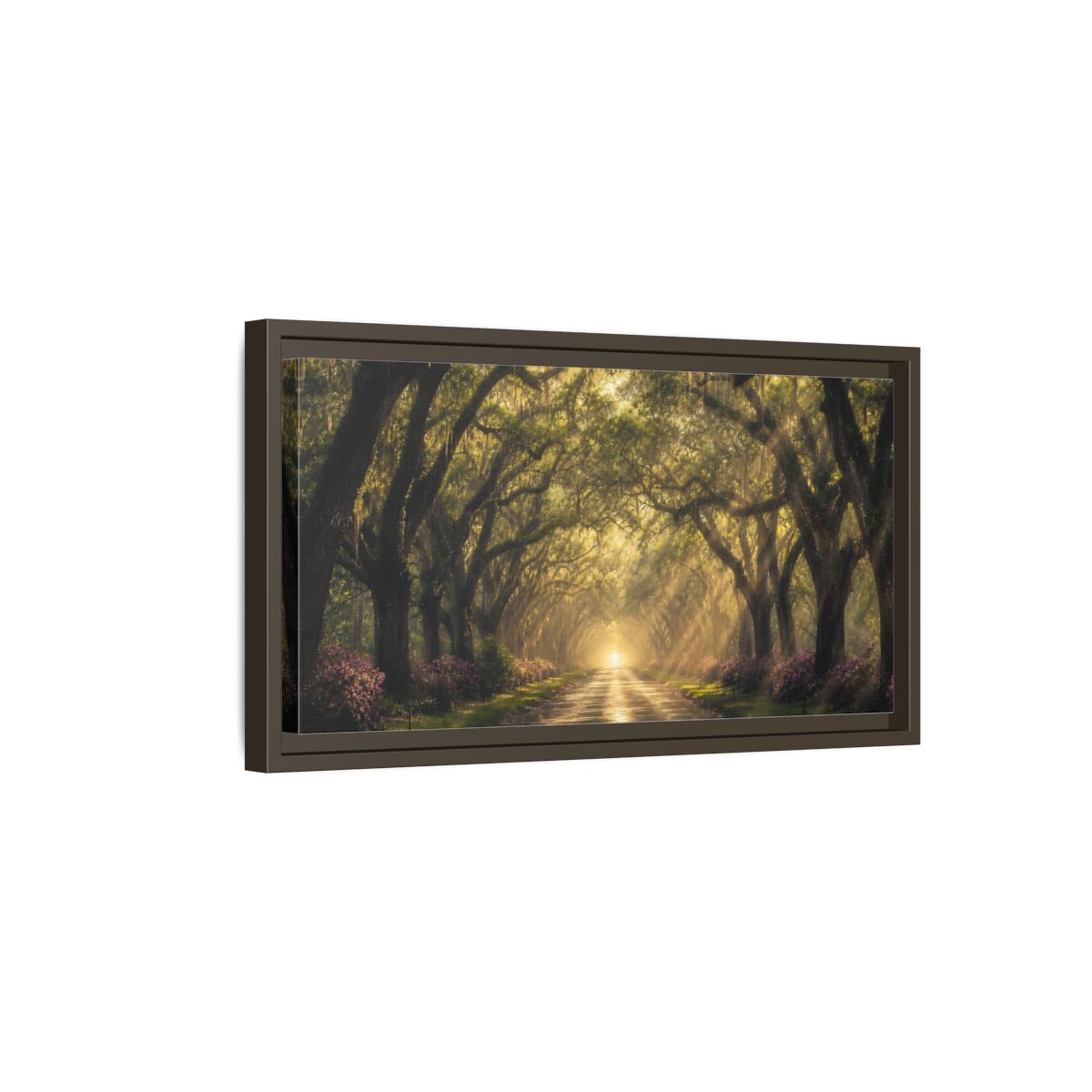 Side Mockup 7. Nature Oak Trees Green And Gold Path shown as stretched canvas wall art