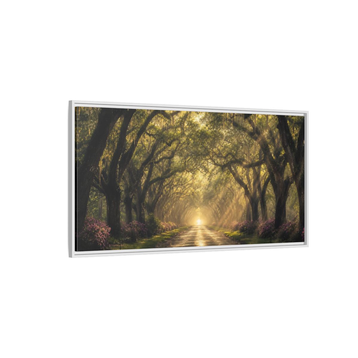 Side Mockup 3. Nature Oak Trees Green And Gold Path shown as stretched canvas wall art