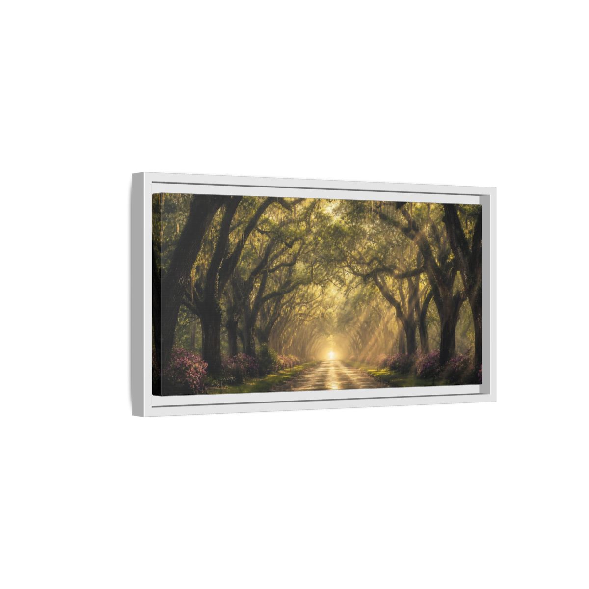 Side Mockup 6. Nature Oak Trees Green And Gold Path shown as stretched canvas wall art