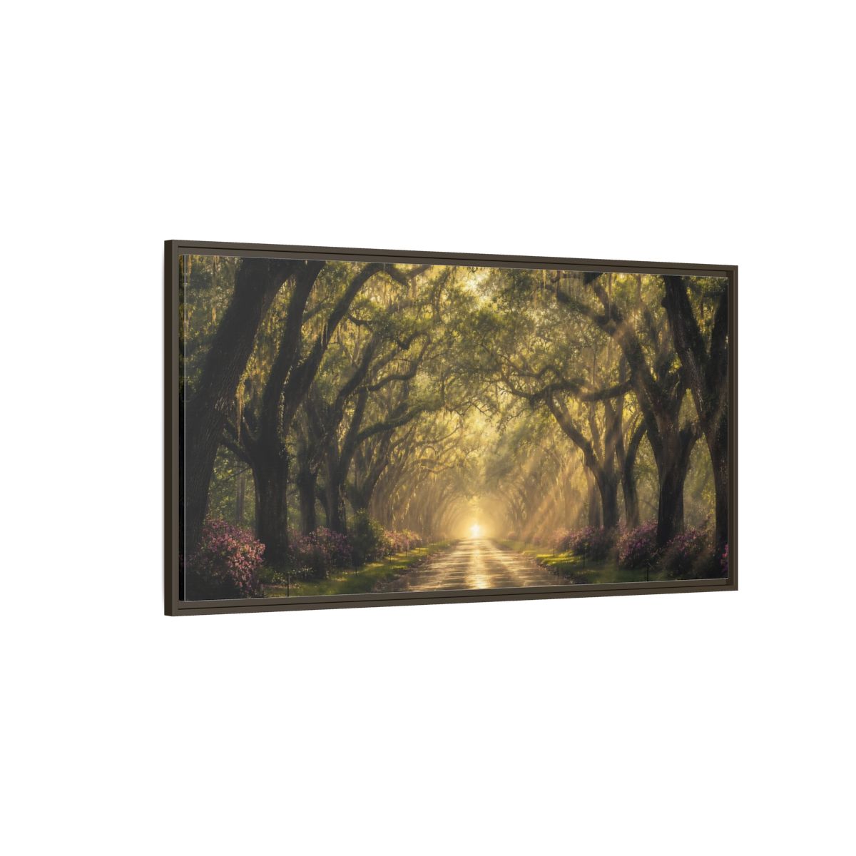 Side Mockup 4. Nature Oak Trees Green And Gold Path shown as stretched canvas wall art