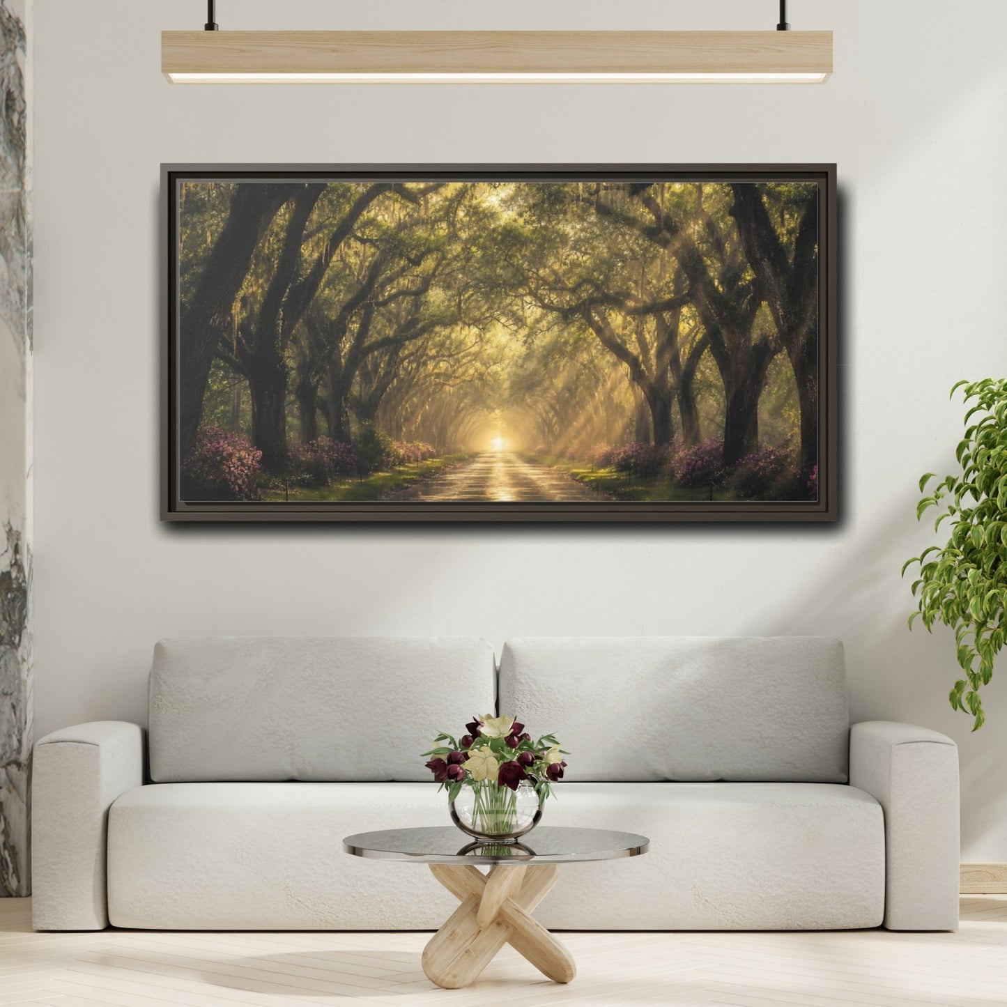 Mockup 2. Nature Oak Trees Green And Gold Path shown as stretched canvas wall art