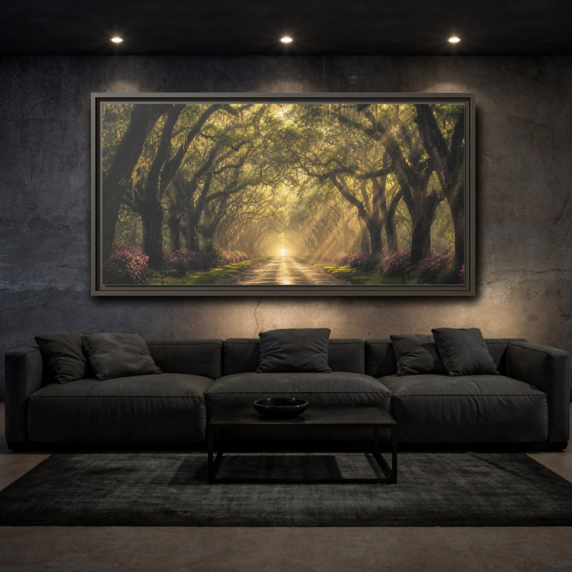Mockup 3. Nature Oak Trees Green And Gold Path shown as stretched canvas wall art