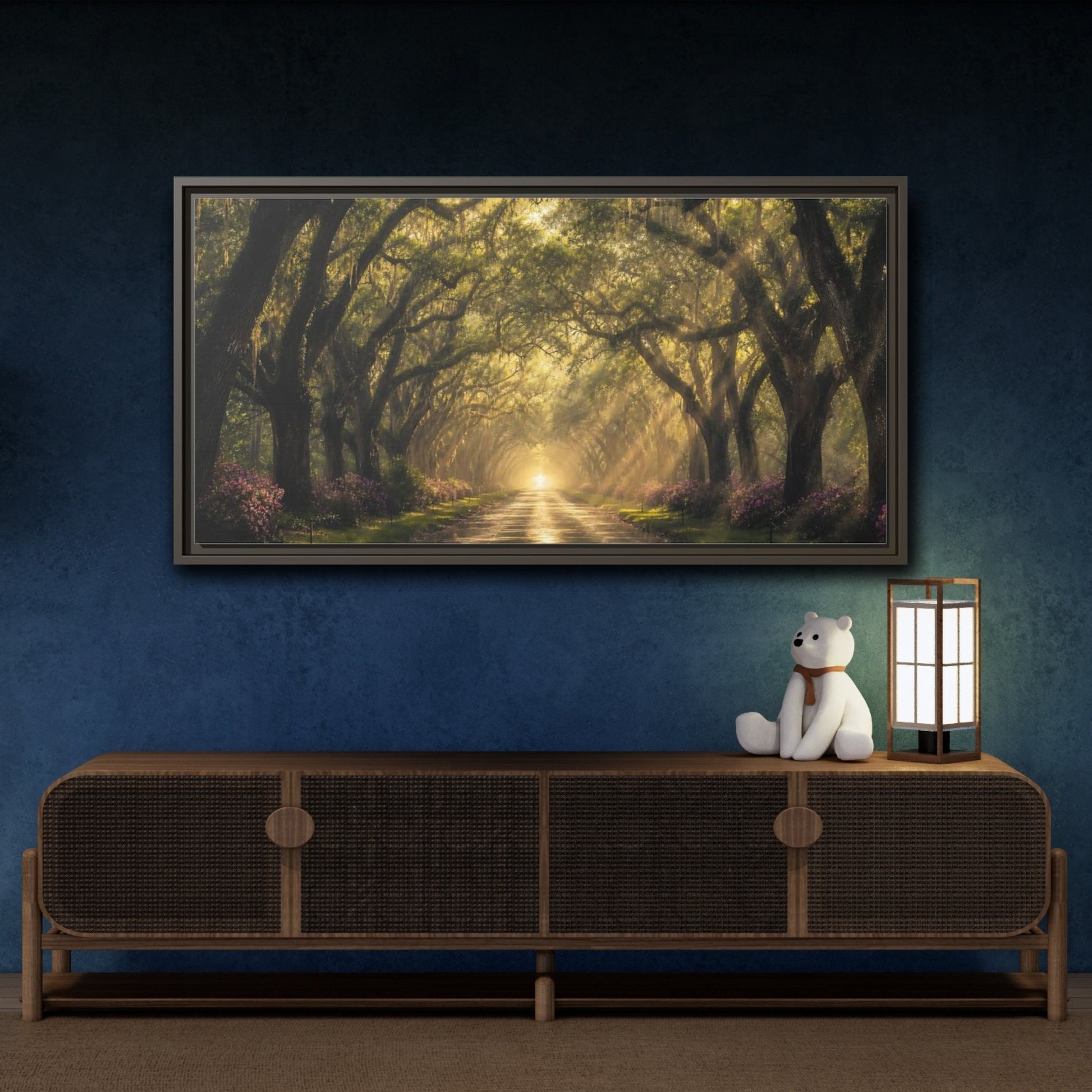 Mockup 4. Nature Oak Trees Green And Gold Path shown as stretched canvas wall art