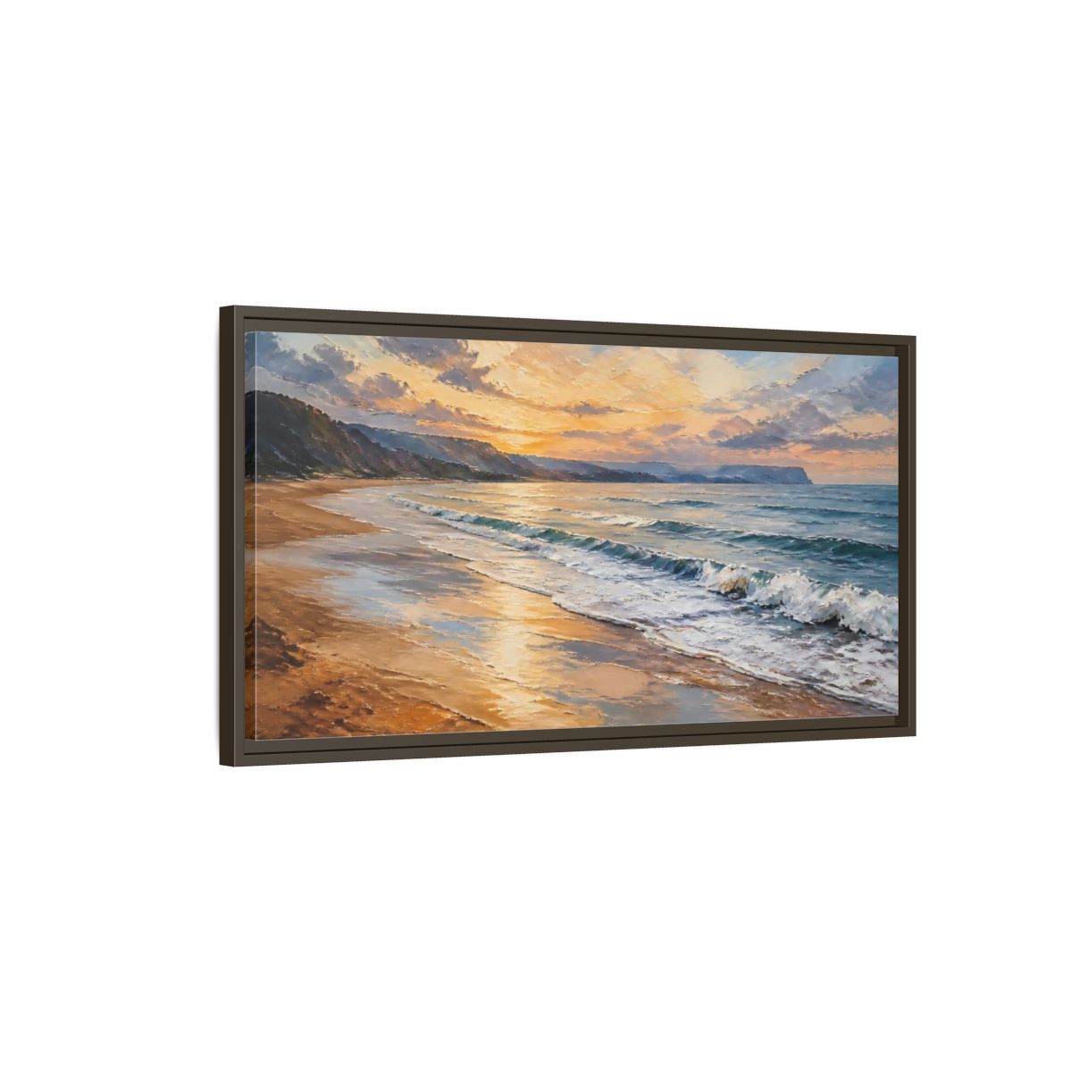 Main Mockup. Nature Ocean Beach Orange Blue Sunset shown as stretched canvas wall art