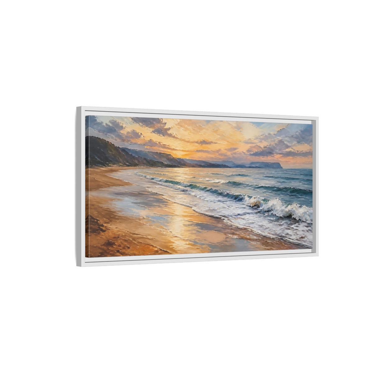 Side Mockup 1. Nature Ocean Beach Orange Blue Sunset shown as stretched canvas wall art