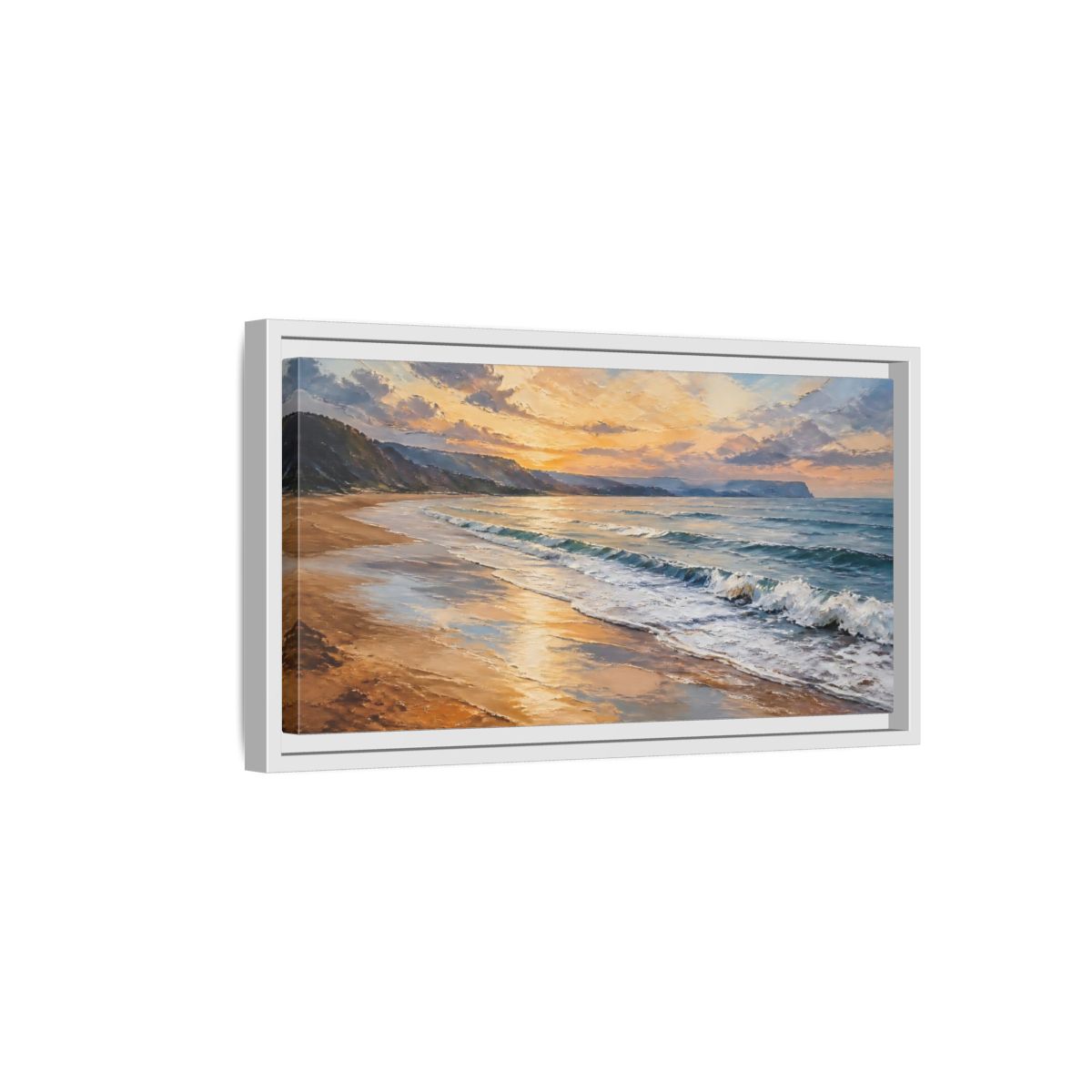 Side Mockup 6. Nature Ocean Beach Orange Blue Sunset shown as stretched canvas wall art