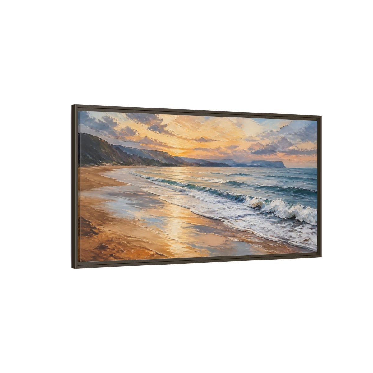 Side Mockup 4. Nature Ocean Beach Orange Blue Sunset shown as stretched canvas wall art