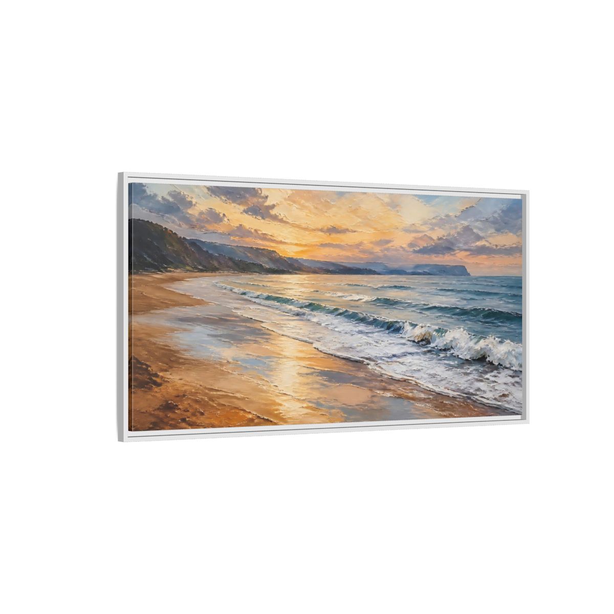 Side Mockup 3. Nature Ocean Beach Orange Blue Sunset shown as stretched canvas wall art