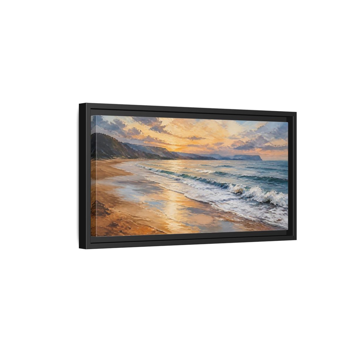 Side Mockup 8. Nature Ocean Beach Orange Blue Sunset shown as stretched canvas wall art