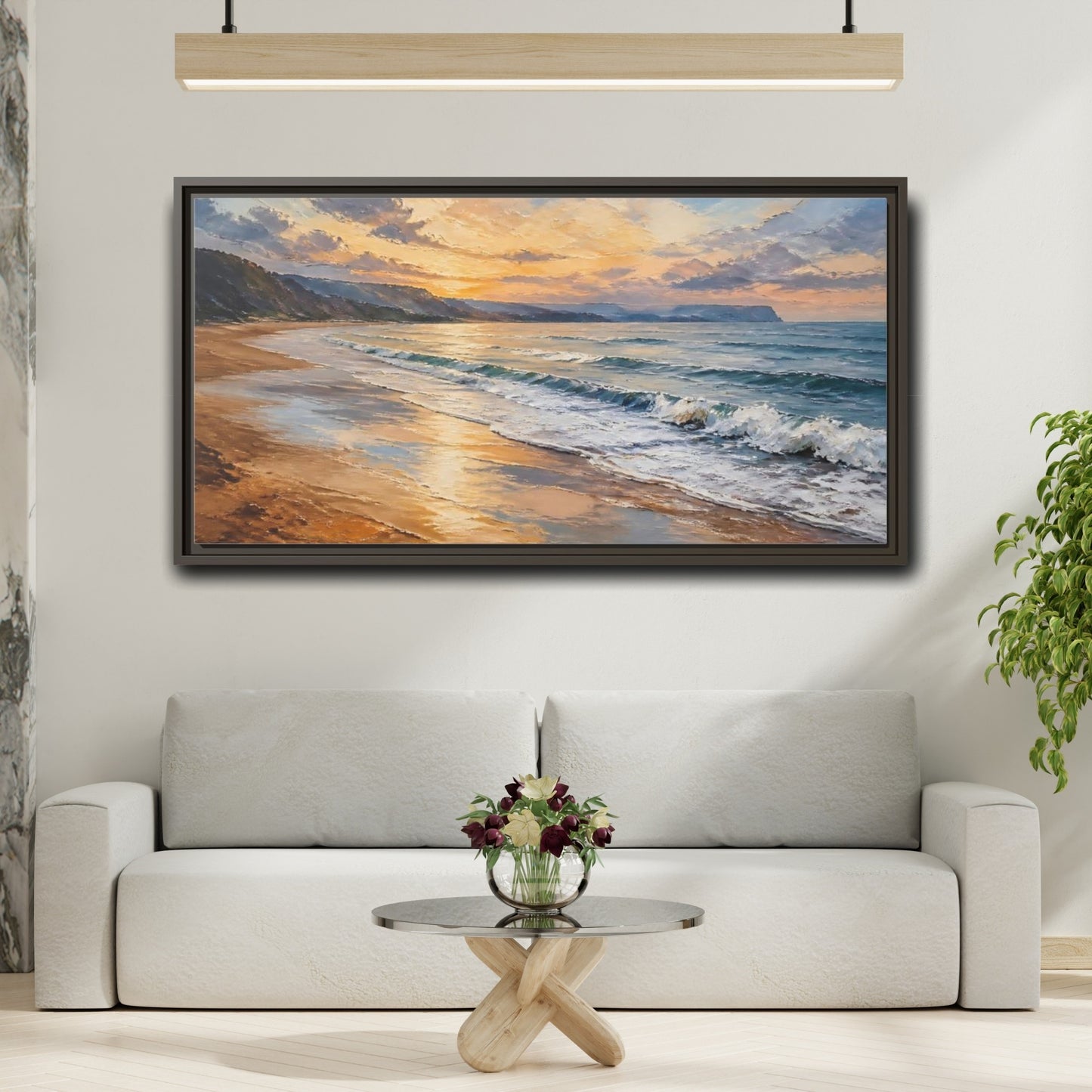 Mockup 2. Nature Ocean Beach Orange Blue Sunset shown as stretched canvas wall art
