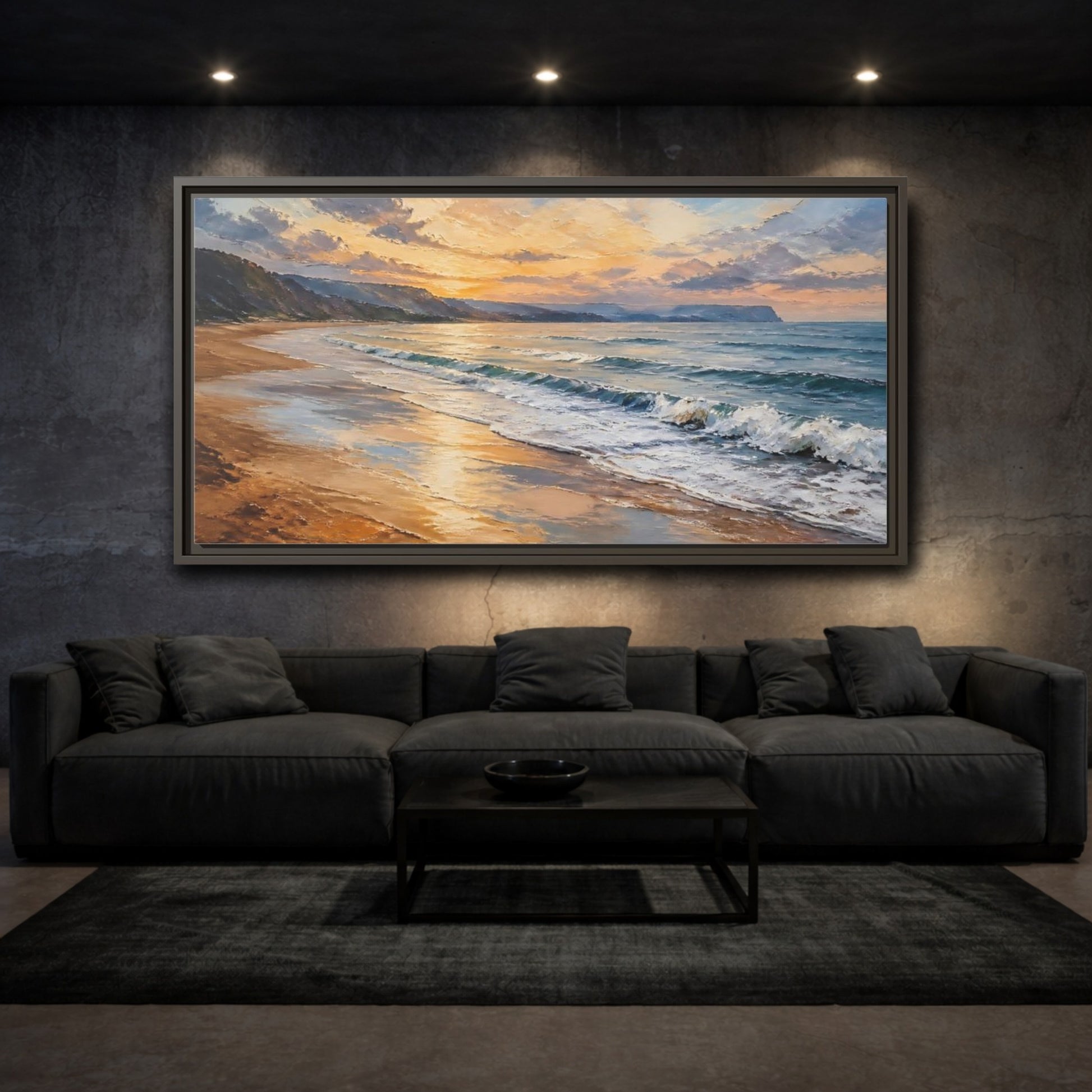 Mockup 3. Nature Ocean Beach Orange Blue Sunset shown as stretched canvas wall art