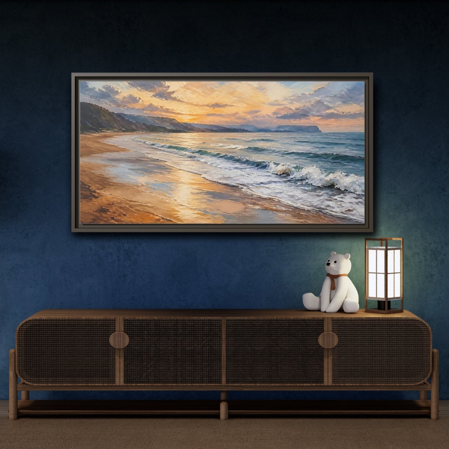 Mockup 4. Nature Ocean Beach Orange Blue Sunset shown as stretched canvas wall art