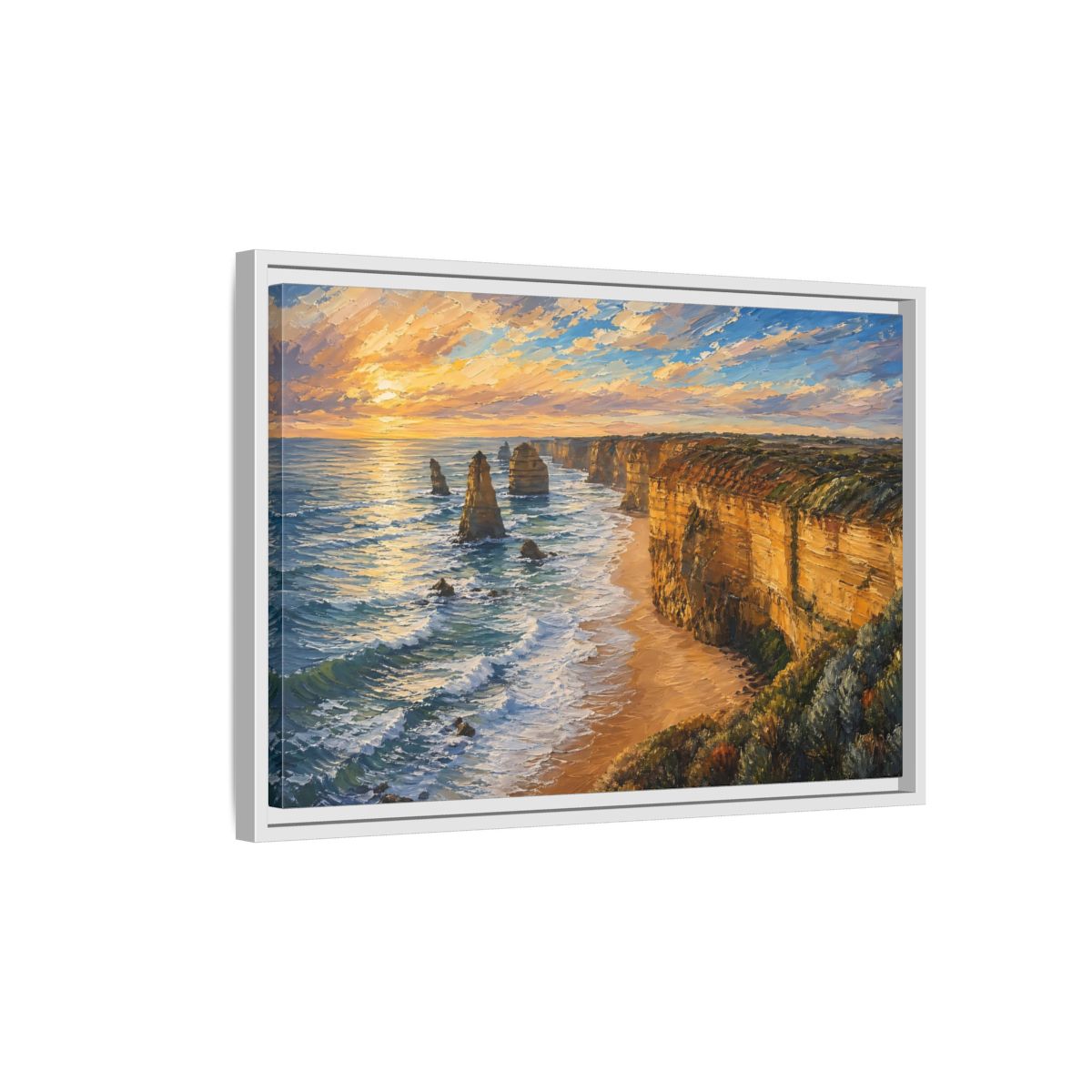 Side Mockup 1. Nature Ocean Cliffs Sunset Ocean Cliffs shown as stretched canvas wall art