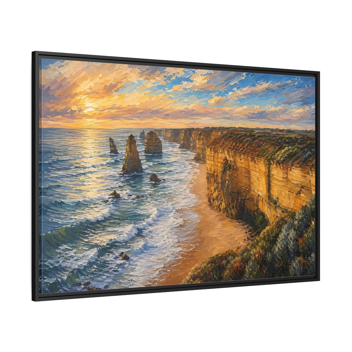Side Mockup 12. Nature Ocean Cliffs Sunset Ocean Cliffs shown as stretched canvas wall art