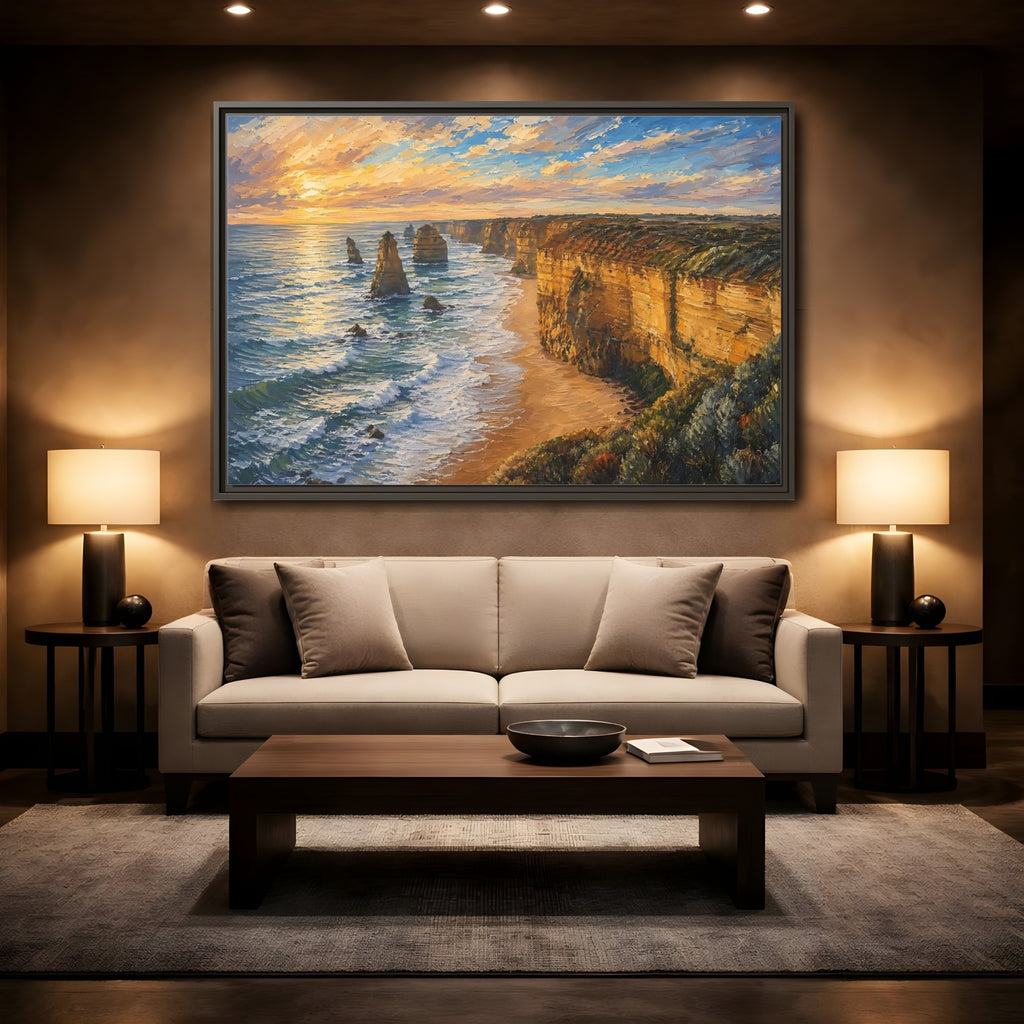 Mockup 2. Nature Ocean Cliffs Sunset Ocean Cliffs shown as stretched canvas wall art
