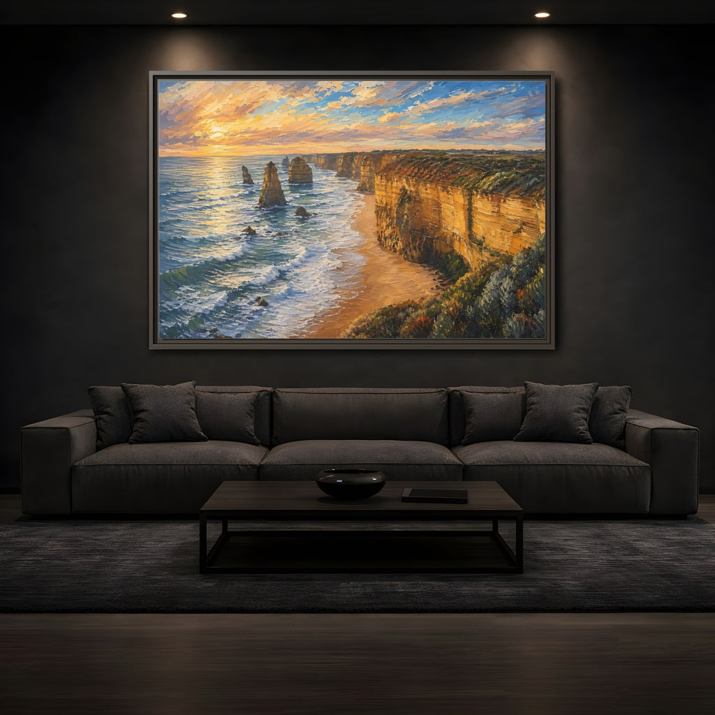 Mockup 3. Nature Ocean Cliffs Sunset Ocean Cliffs shown as stretched canvas wall art