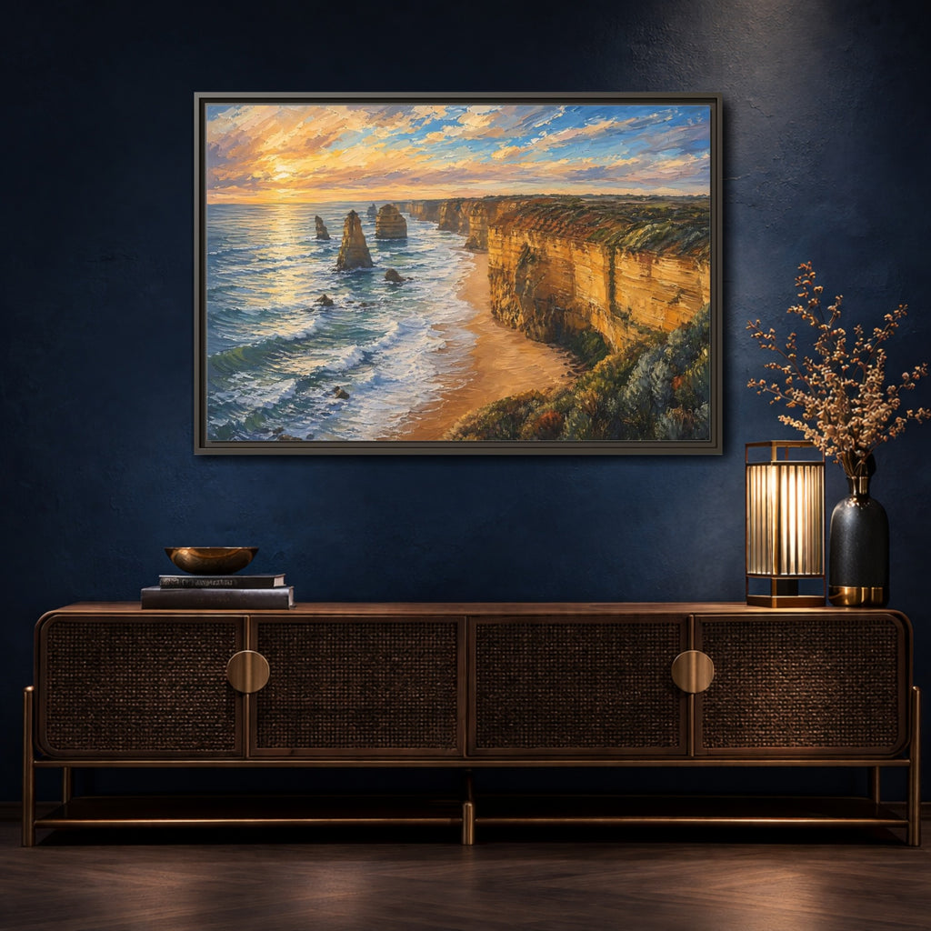 Mockup 4. Nature Ocean Cliffs Sunset Ocean Cliffs shown as stretched canvas wall art