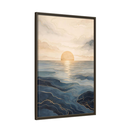Main Mockup. Nature Ocean Sunset Blue And Gold shown as stretched canvas wall art