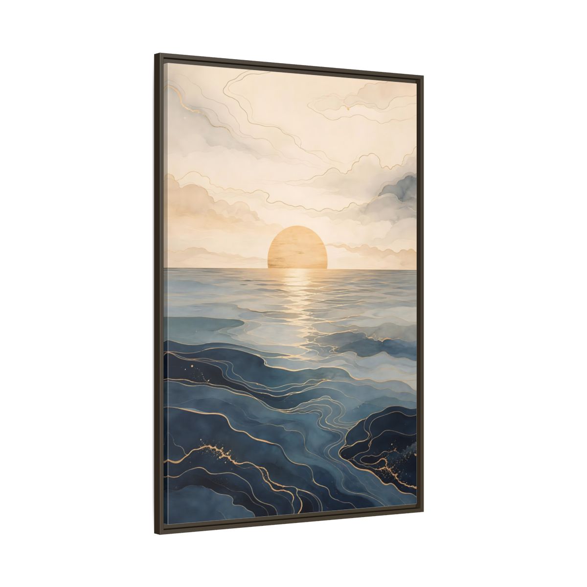 Side Mockup 8. Nature Ocean Sunset Blue And Gold shown as stretched canvas wall art