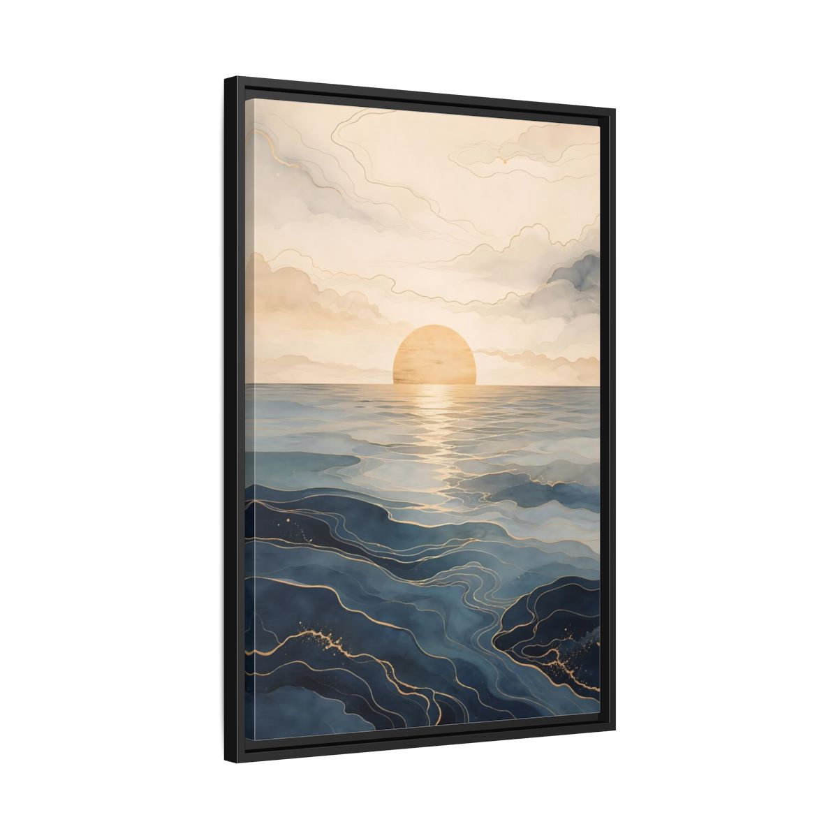 Side Mockup 14. Nature Ocean Sunset Blue And Gold shown as stretched canvas wall art