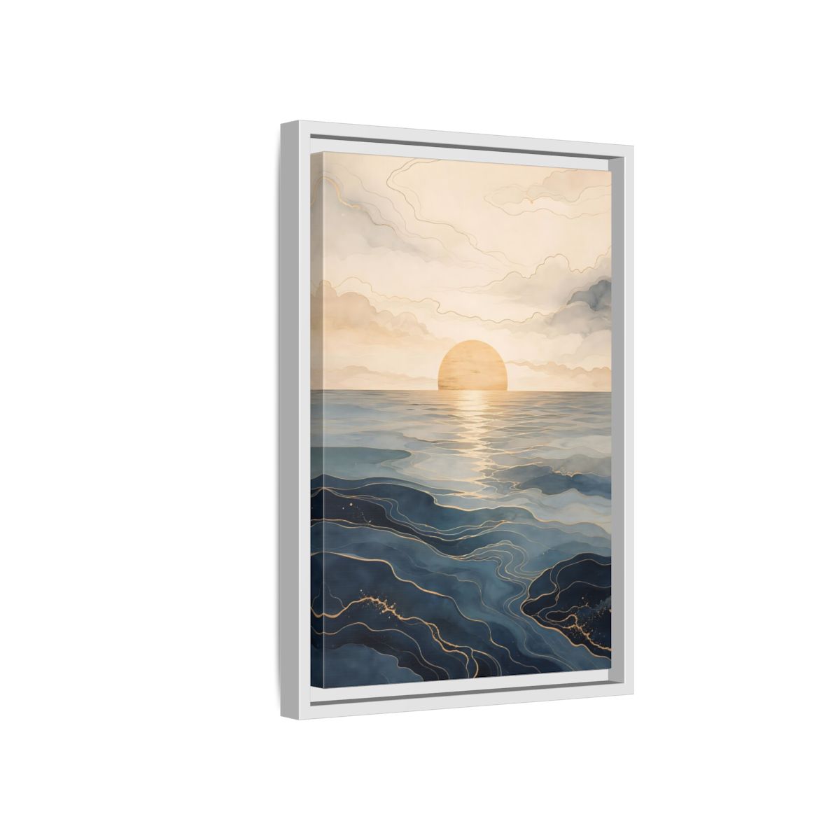 Side Mockup 4. Nature Ocean Sunset Blue And Gold shown as stretched canvas wall art