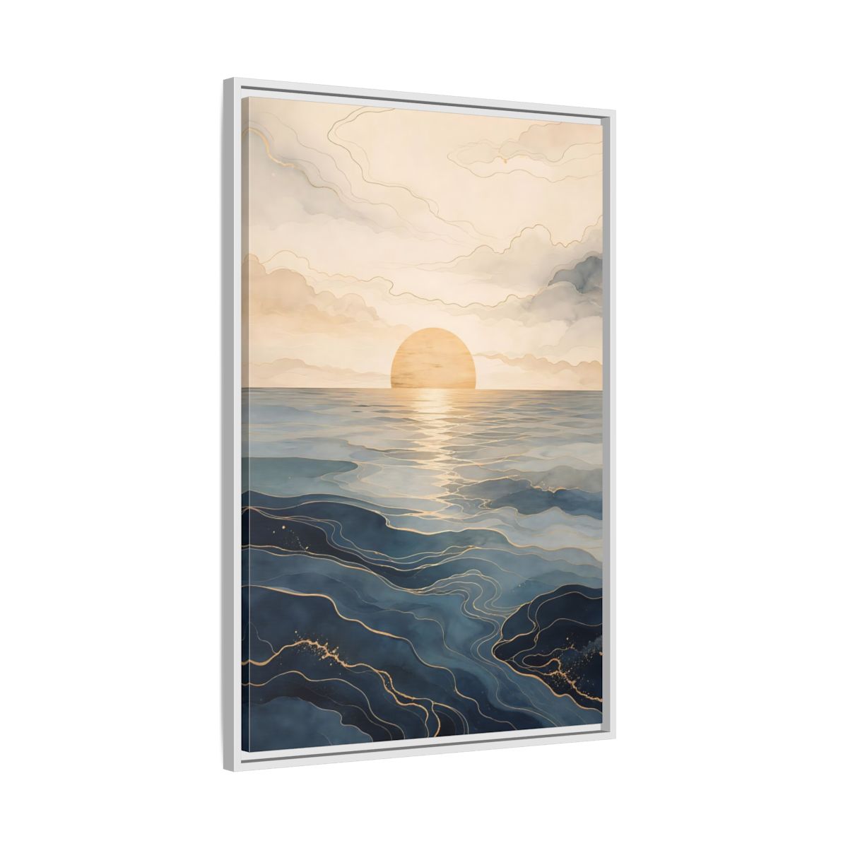 Side Mockup 9. Nature Ocean Sunset Blue And Gold shown as stretched canvas wall art