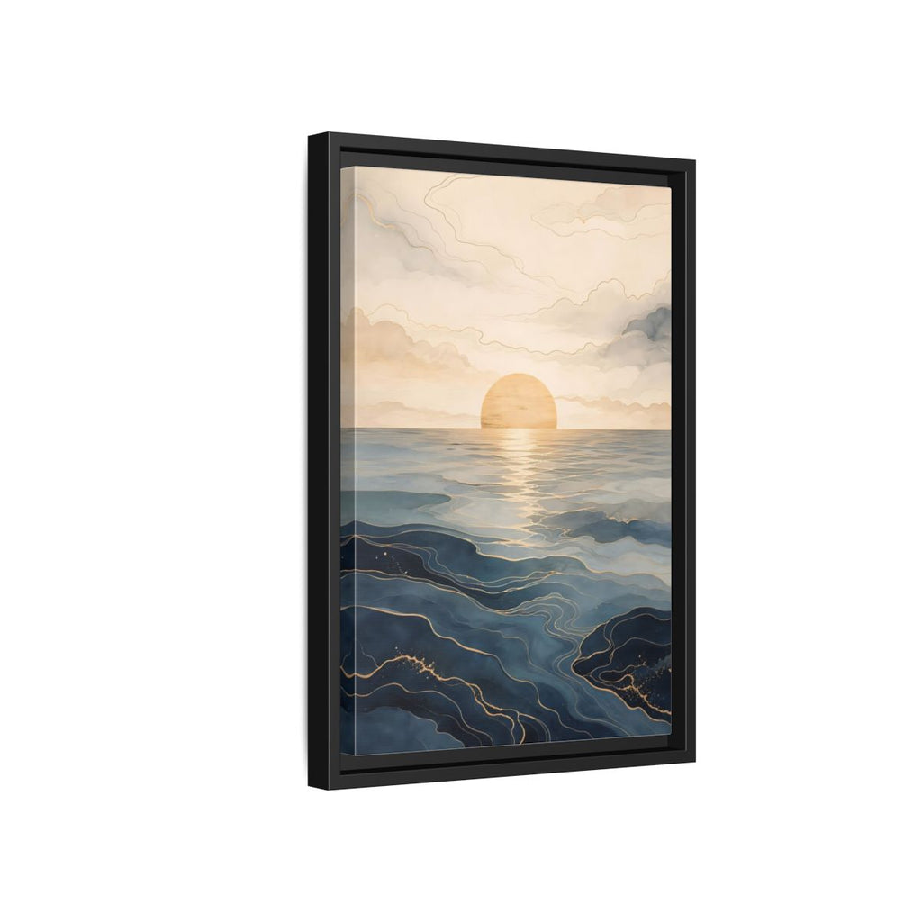 Side Mockup 6. Nature Ocean Sunset Blue And Gold shown as stretched canvas wall art
